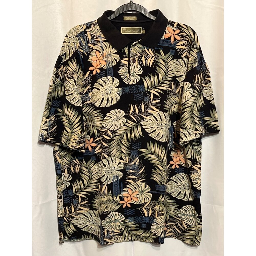 Island Tropics Leaf Print Polo Shirt XL Black Orange Green Short Sleeve Mens Cot